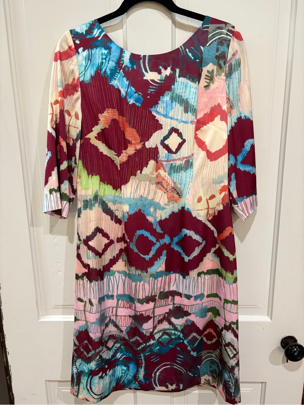 J. Peterman Multicolor Abstract Ikat Midi Dress in Burgundy, Teal, Pink